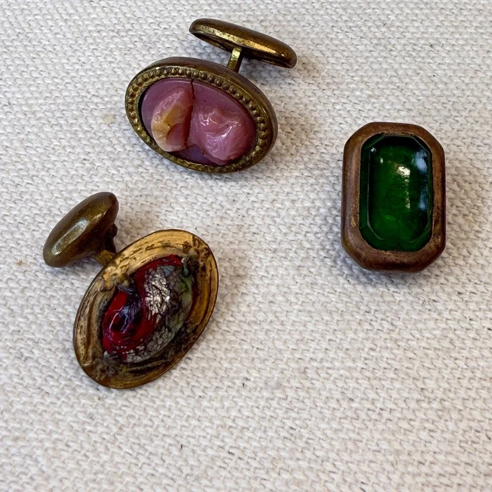 Antique Mens Jewelry‎ Lot Foil Glass & Pink Cameo Cuff Links Tie Clip